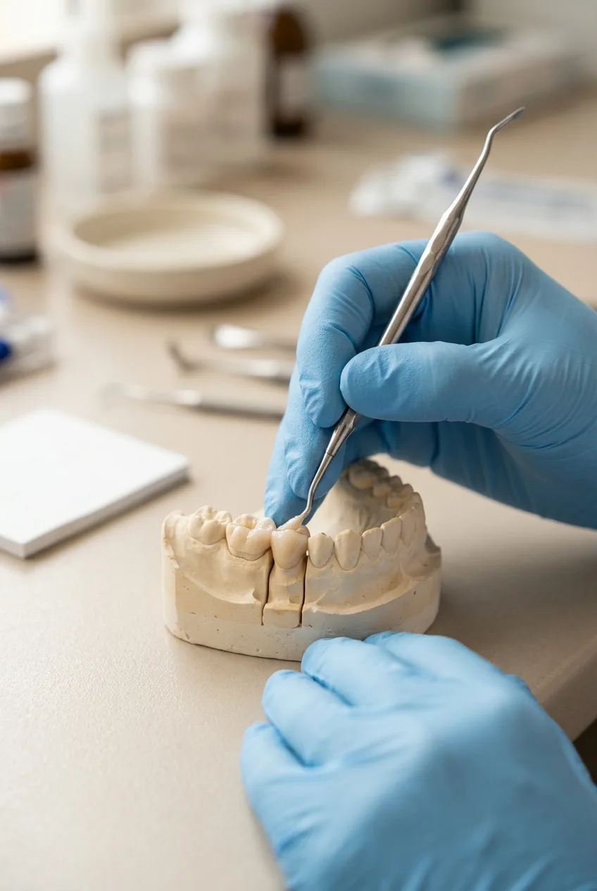 Composite resin build-up on a dental model at Clínica Be Dharma in Medellín, Colombia