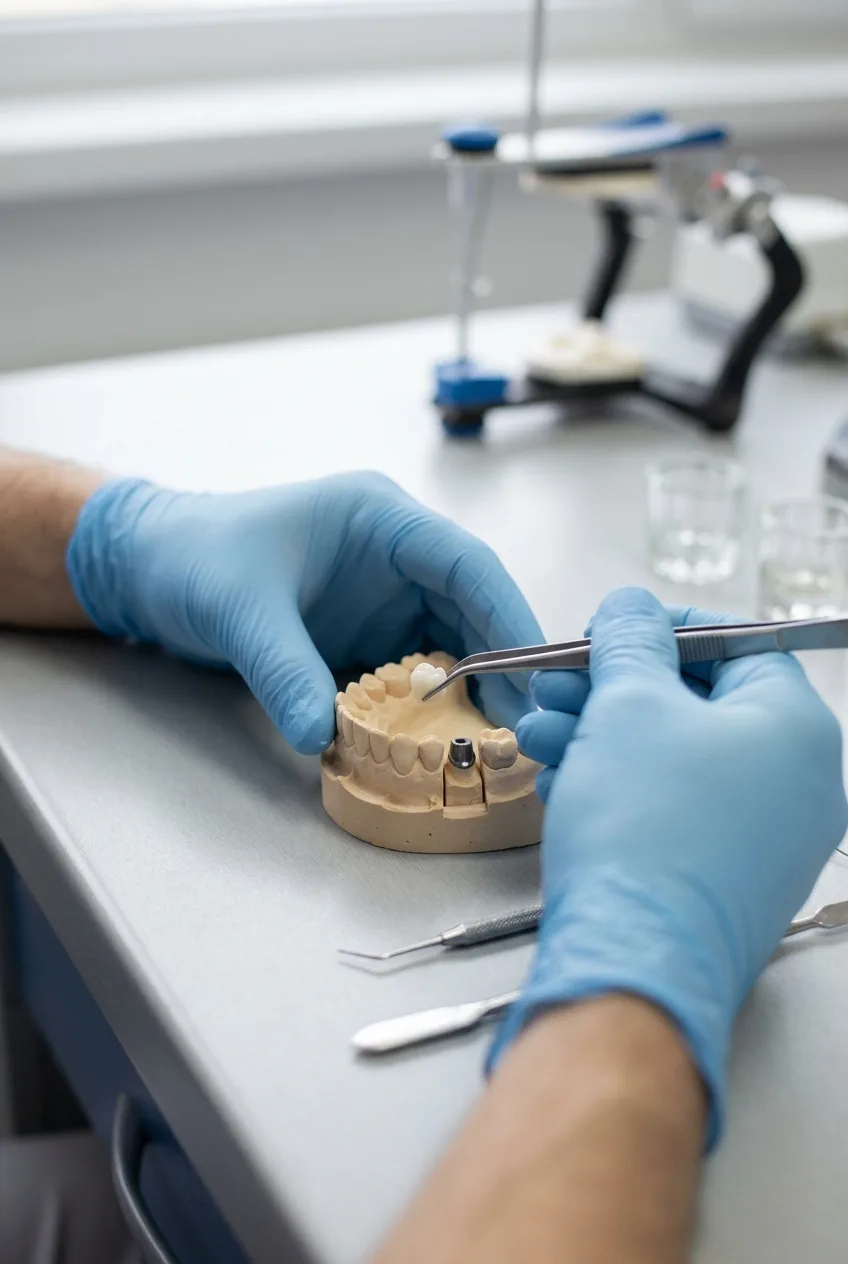 Zirconia crown being placed on a dental model at Clínica Be Dharma in Medellín, Colombia